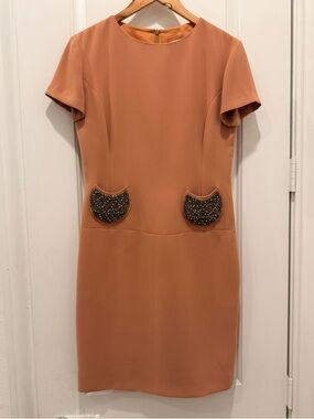 BISENZIO Short-Sleeve Beaded Pocket Sheath Dress - Rust